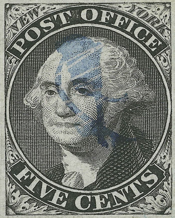 US 1845 Postmasters' Provisional Stamp 5c. New York, N.Y. 9X1