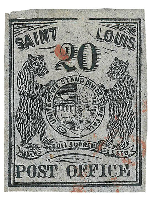 US 1846 Postmaster's Provisional Stamp 20c. St. Louis, MO. 11X6