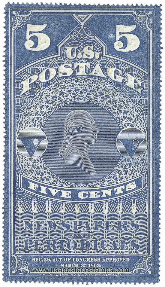 US 1865 George Washington (1732-1799) 5c. Scott. PR1a Newspaper Stamp