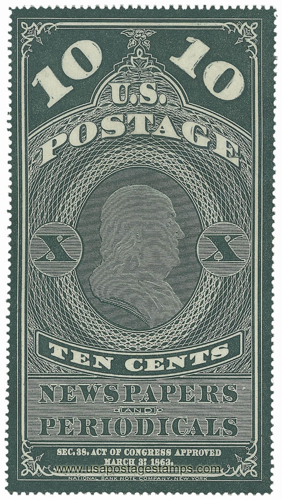 US 1865 Benjamin Franklin (1706-1790) 10c. Scott. PR2 Newspaper Stamp