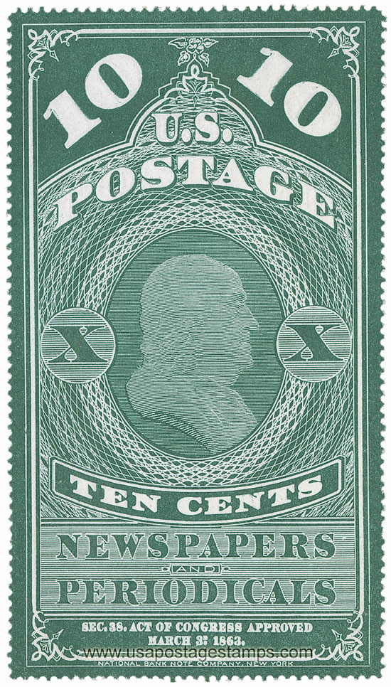 US 1865 Benjamin Franklin (1706-1790) 10c. Scott. PR2a Newspaper Stamp