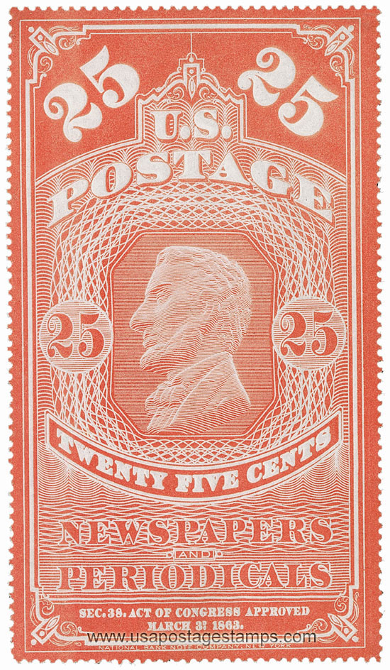 US 1865 Abraham Lincoln (1809-1865) 25c. Scott. PR3 Newspaper Stamp