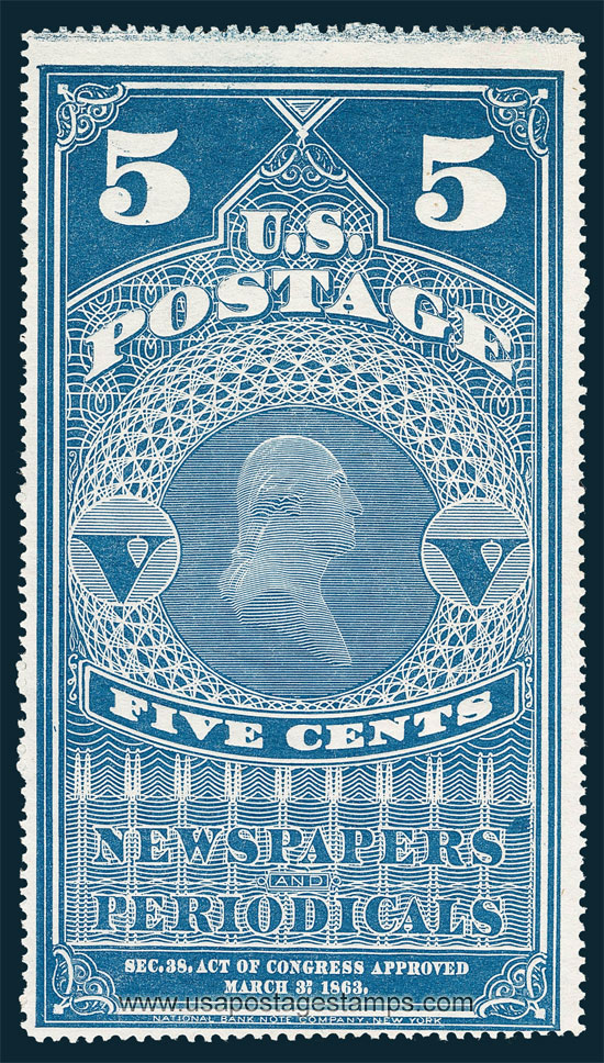 US 1867 George Washington (1732-1799) 5c. Scott. PR4a Newspaper Stamp