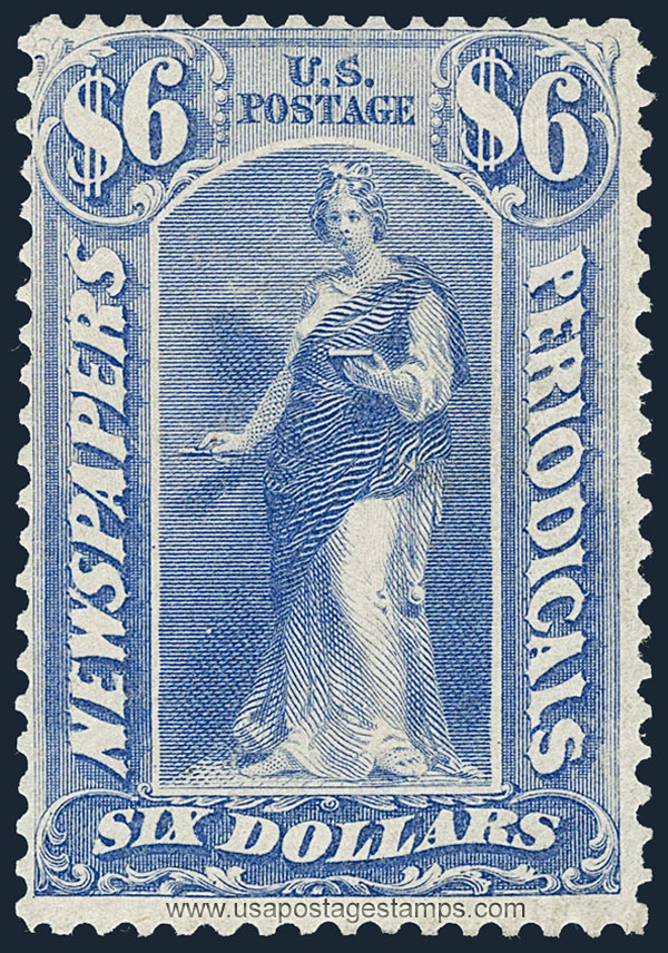 US 1875 Statue of Clio $6 Scott. PR26 Newspaper Stamp