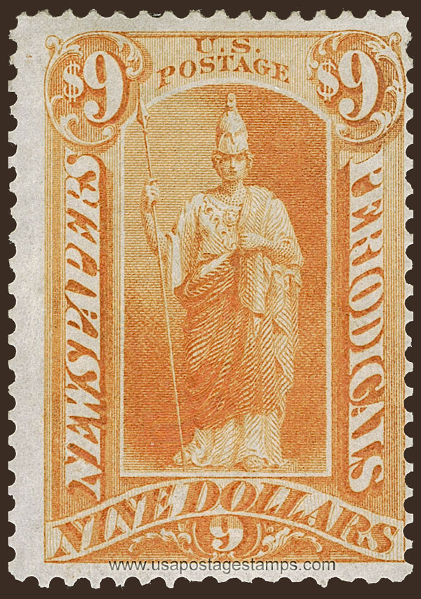 US 1875 Statue of Minerva $9 Scott. PR27 Newspaper Stamp