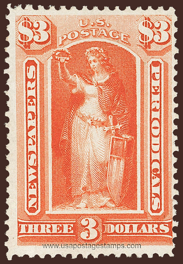 US 1875 Statue of Victory $3 Scott. PR49 Newspaper Stamp