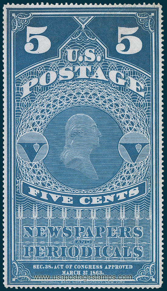US 1875 George Washington (1732-1799) 5c. Scott. PR5 Newspaper Stamp