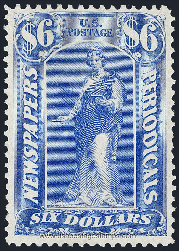 US 1875 Statue of Clio $6 Scott. PR50 Newspaper Stamp
