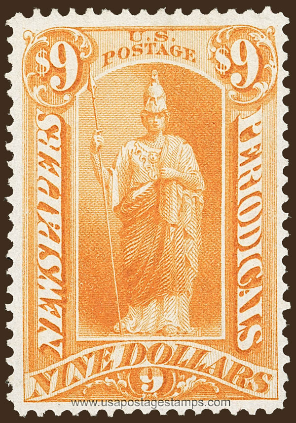 US 1875 Statue of Minerva $9 Scott. PR51 Newspaper Stamp