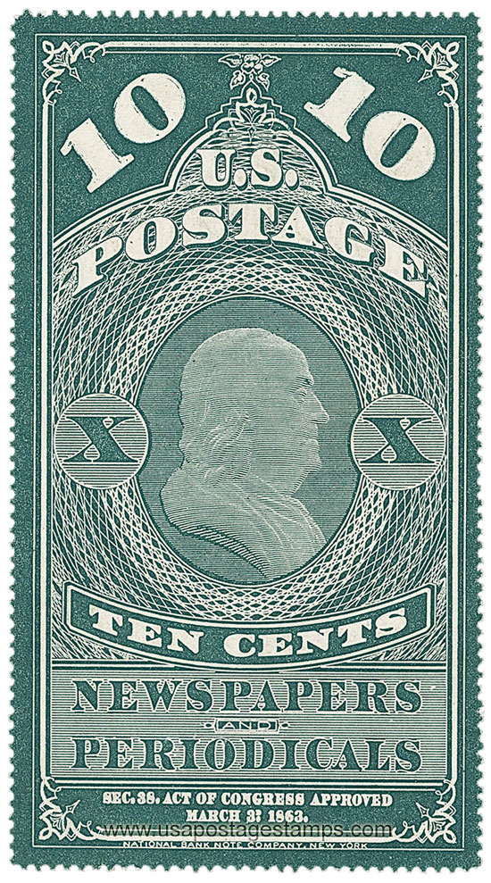 US 1875 George Washington (1732-1799) 10c. Scott. PR6 Newspaper Stamp