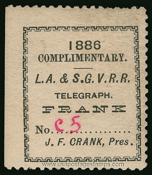 US 1886 Los Angeles & San Gabriel Valley Railroad 'Frank' 0c. Scott. Unlisted