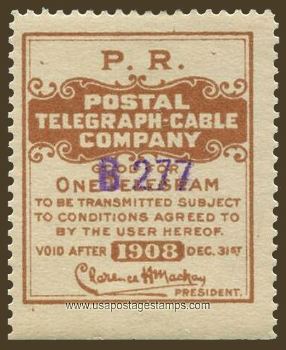 US 1908 Postal Telegraph-Cable Company 'Frank' 0c. Barefoot P118