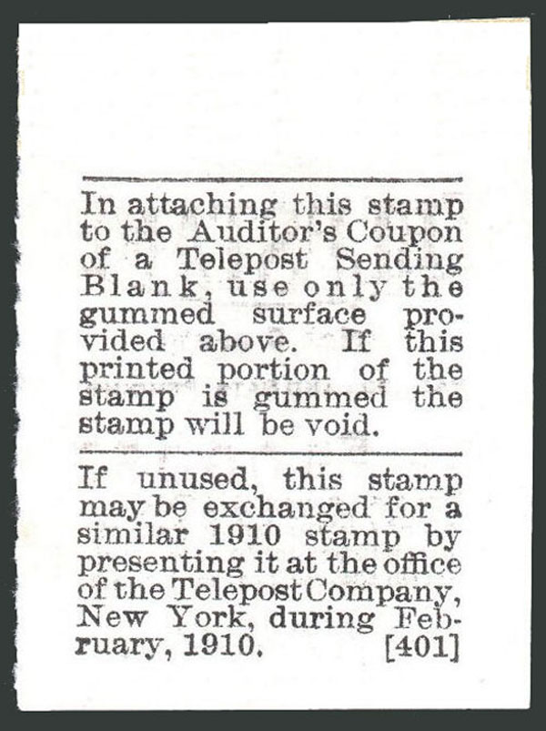 US 1908 Telepost Company 'Telestamp' 5c. Barefoot T1 Reversed