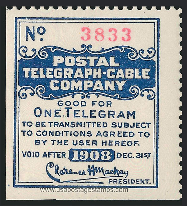 US 1908 Postal Telegraph-Cable Company 'Frank' 0c. Scott. 15T40