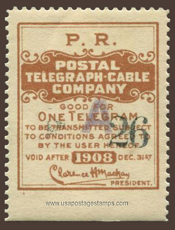 US 1908 Postal Telegraph-Cable Company 'Frank' 0c. Scott. 15TO18