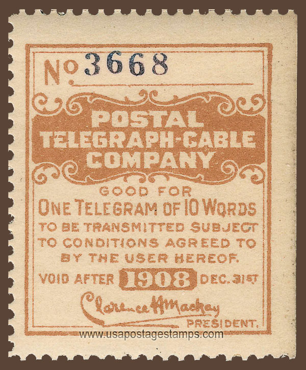 US 1909 Postal Telegraph-Cable Company 'Frank' 0c. Scott. 15T32