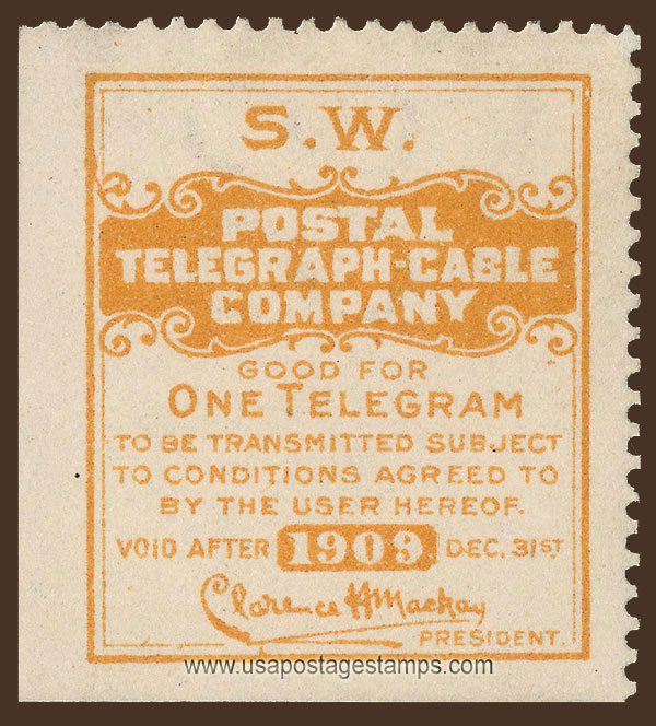US 1909 Postal Telegraph-Cable Company 'Frank - S.W.' 0c. Scott. 15TO25