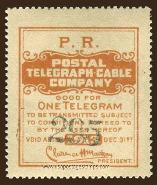 US 1913 Postal Telegraph-Cable Company 'Frank - P.R.' 0c. Barefoot P124a