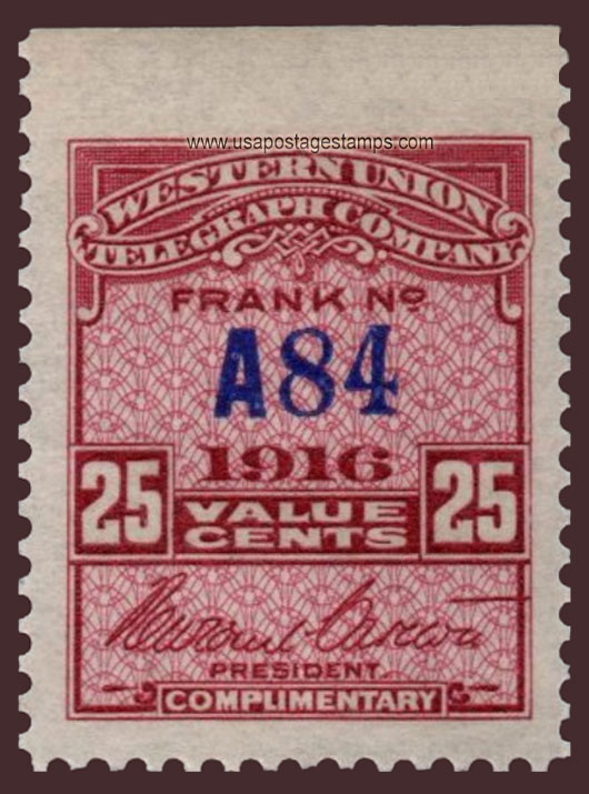 US 1916 Western Union Telegraph Company 'Frank' 25c. Scott. 16T50