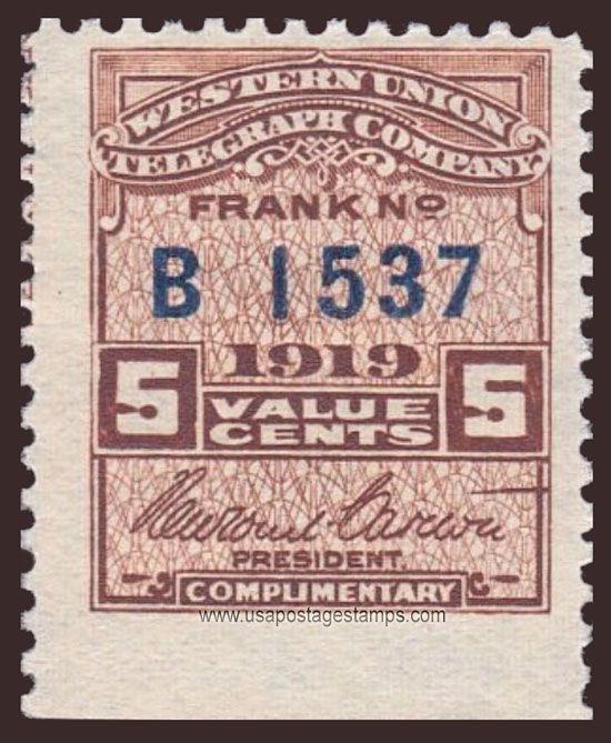 US 1919 Western Union Telegraph Company 'Frank' 5c. Scott. 16T55