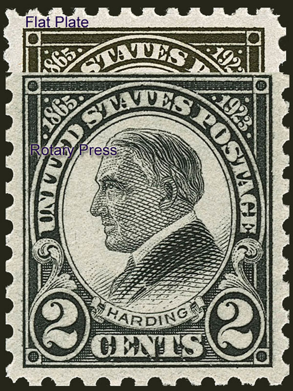 Difference between Warren Gamaliel Harding's Flat Press and Rotary Press stamps