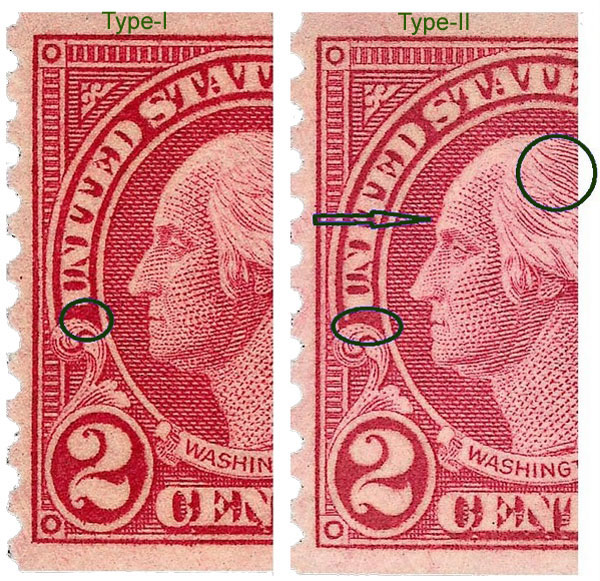 US 1923 George Washington Coil 2c. Scott. 599 ; Difference between Type I and Type II stamps