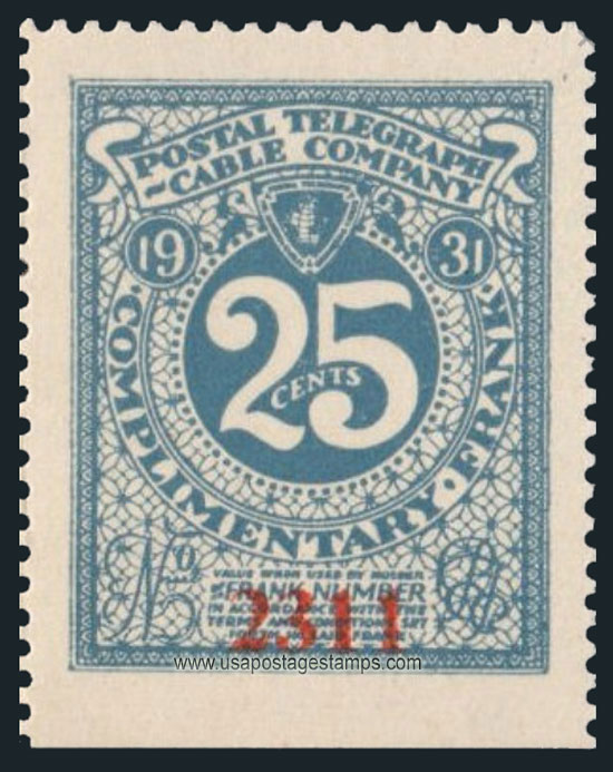 US 1931 Postal Telegraph-Cable Company 'Frank' 25c. Scott. 15T54