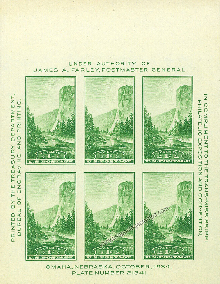 US 1935 Trans-Mississippi Philatelic Exposition ; Yosemite N.P Imperf. 1c.x6 Scott. 769 S/S
