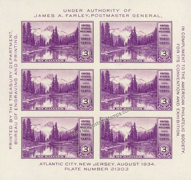 US 1935 APS Stamp Exhibition ; Mount Rainier National Park Imperf. 3c.x6 Scott. 750 S/S