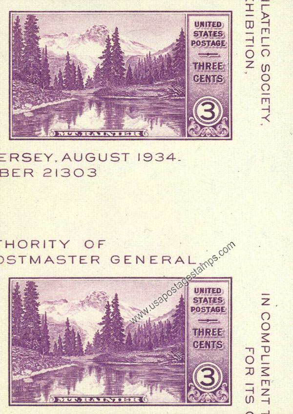 US 1935 APS Stamp Exhibition ; Mount Rainier National Park Imperf. 3c.x6 Scott. 750 S/S details