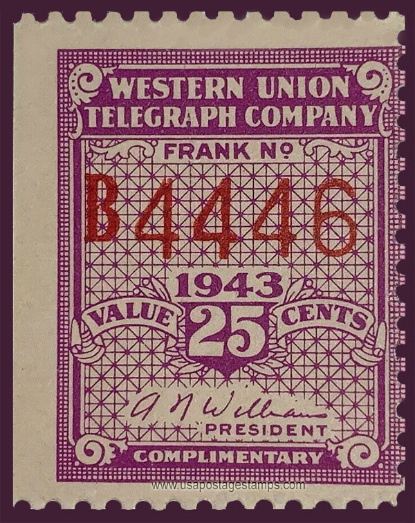 US 1943 Western Union Telegraph Company 'Frank' 25c. Scott. 16T109