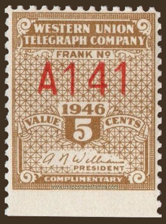 US 1946 Western Union Telegraph Company 'Frank' 5c. Scott. 16T114
