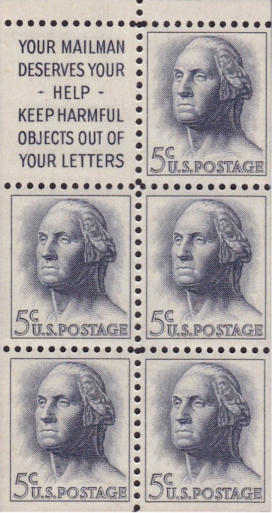 US 1962 George Washington (1732-1799) ; Booklet Pane 5c.x5 Scott. 1213a