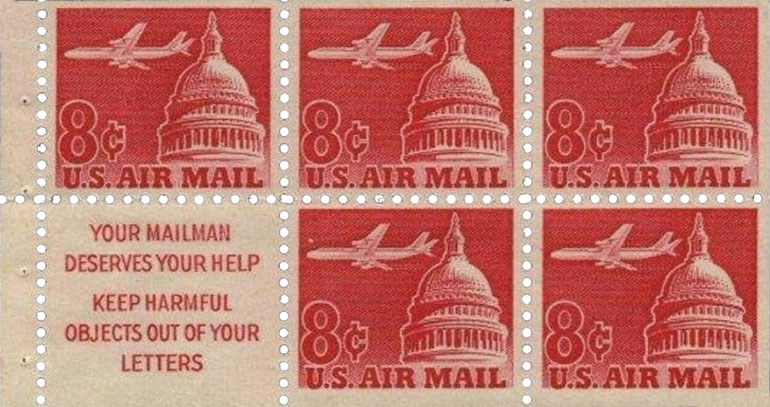 US 1962 'Airmail' Jet Airliner over Capitol ; Booklet Pane 8c.x5 Scott. C64b-Slogan1
