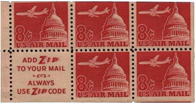 Airmail' Jet Airliner over Capitol ; Booklet Pane 8c.x5 Scott. C64b-Slogan3