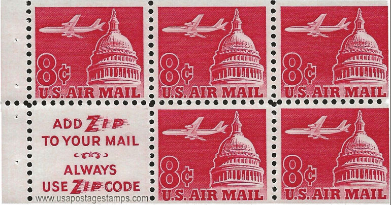US 1962 'Airmail' Jet Airliner over Capitol ; Booklet Pane 8c.x5 Scott. C64b
