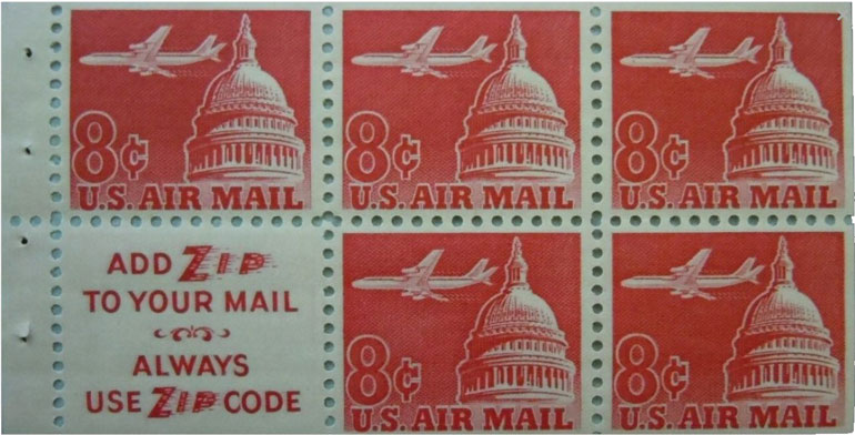 US 1964 'Airmail' Jet Airliner over Capitol ; Booklet Pane 8c.x5 Scott. C64c