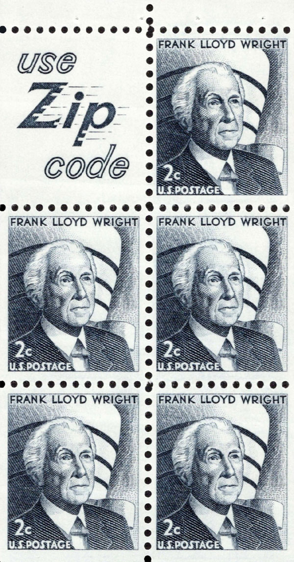 US 1966 Frank Lloyd Wright ; Booklet Pane 2c.x5 Scott. 1280a