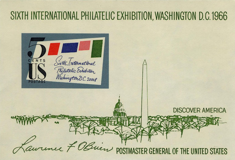 US 1966 Sixth International Philatelic Exhibition (SIPEX) Imperf. 5c. Scott. 1311 S/S