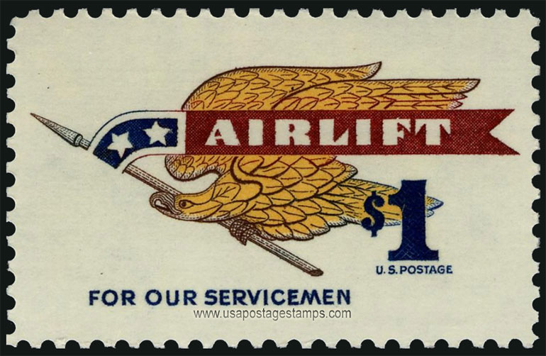 US 1968 'Airmail' AIRLIFT - Eagle Holding Pennant $1 Scott. 1341