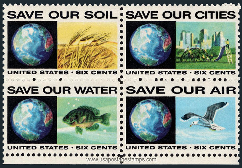US 1970 Anti-Pollution Campaigns ; Se-tenant 6c.x4 Scott. 1413a