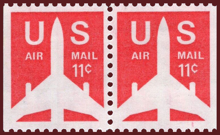 US 1971 'Airmail' Silhouette of Jet Airliner ; Se-tenant 11c.x2 Michel 1029yDl/Dr