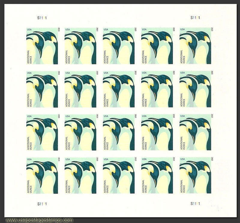 US 2015 Wildlife : Emperor Penguin ; Imperf. Full Sheet 22c.x20 Scott. 4989aMS