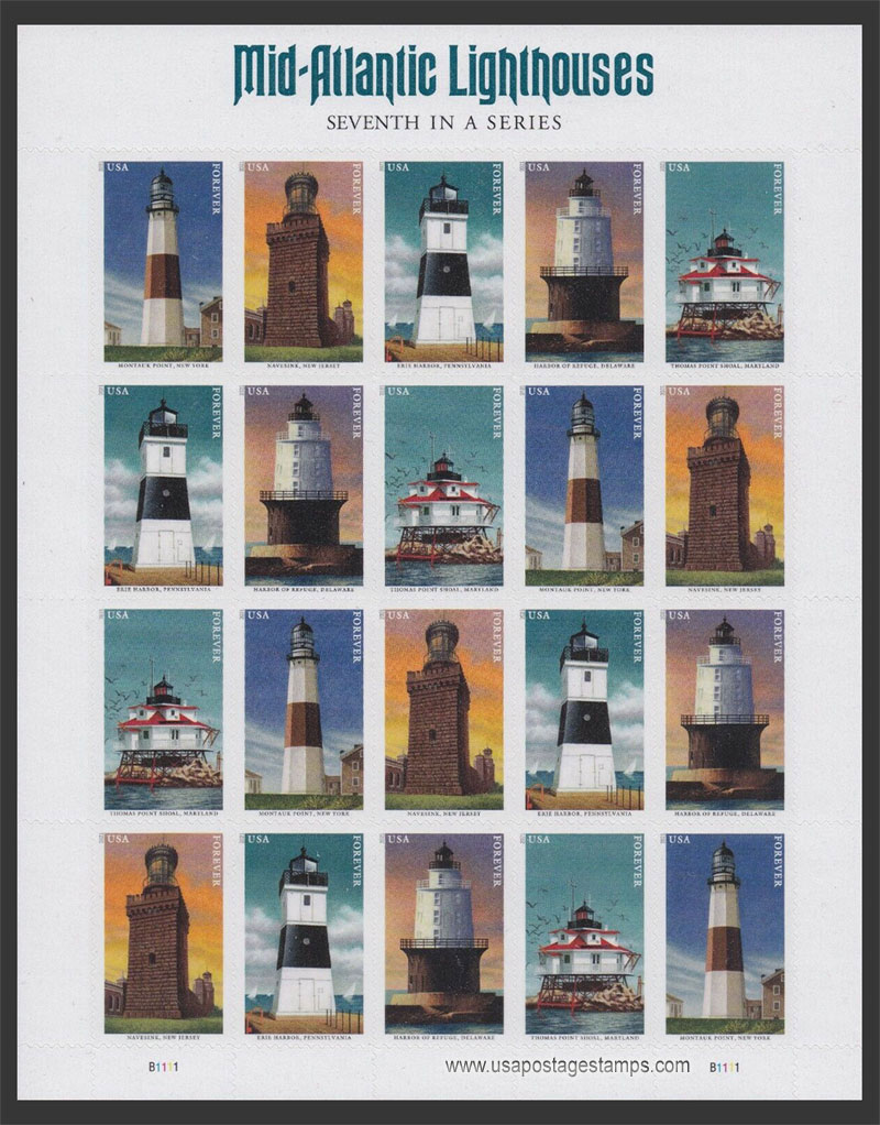 US 2021 Lighthouses of the Mid-Atlantic ; Full Sheet 55c.x20 Scott. 5621-5625MS