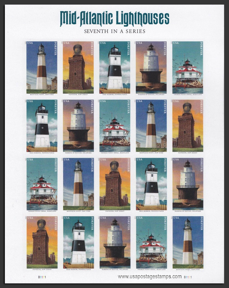 US 2021 Lighthouses of the Mid-Atlantic ; Imperf. Full Sheet 55c.x20 Scott. 5621a-5625aMS