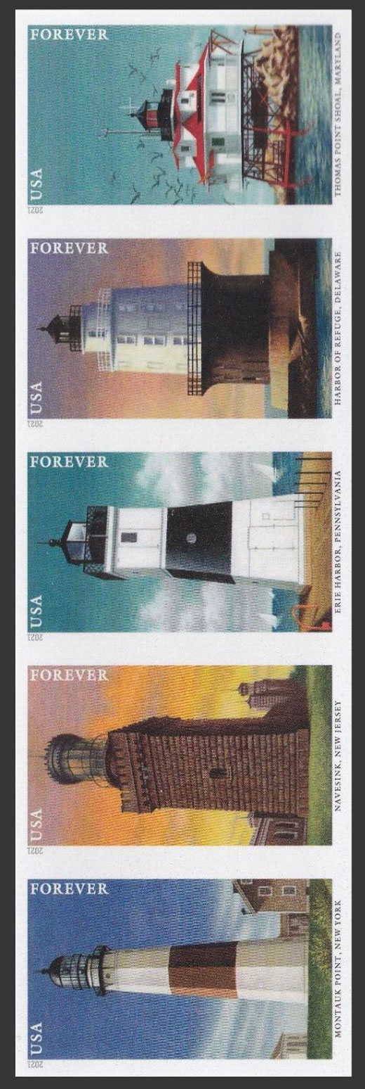 US 2021 Lighthouses of the Mid-Atlantic ; Imperf. Se-tenant 55c.x5 Scott. 5625c