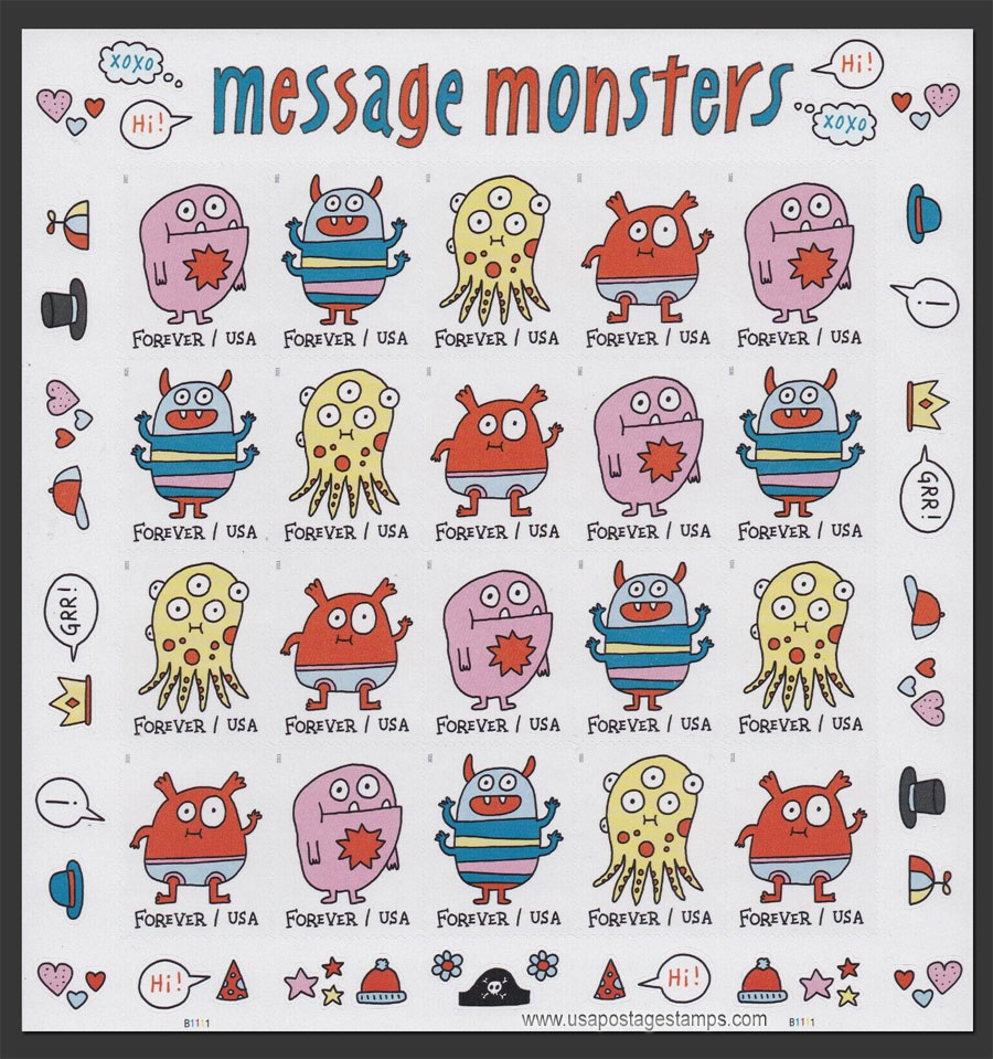 US 2021 Message Monsters ; Imperf. Full Sheet 58c.x20 Scott. 5636a-5639aMS