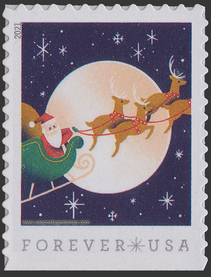 US 2021 Santa Claus, Sleigh, and Reindeer in Flight 58c. Scott. 5647
