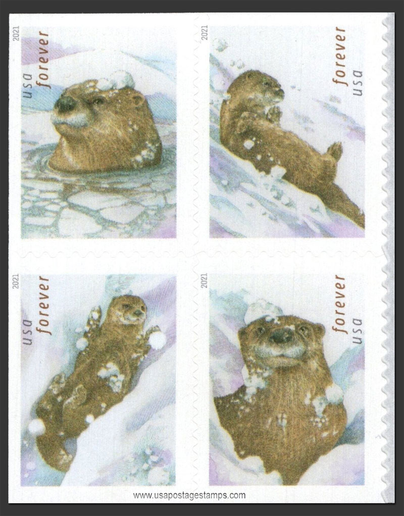 US 2021 Otters in Snow ; Se-tenant 58c.x4 Scott. 5651a