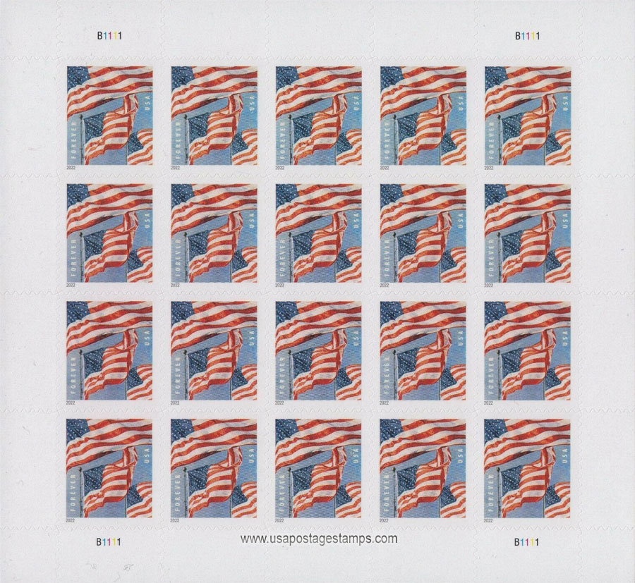 US 2022 'Flag of USA' ; Full Sheet 58c. (FOREVER º)x20 Scott. 5654MS